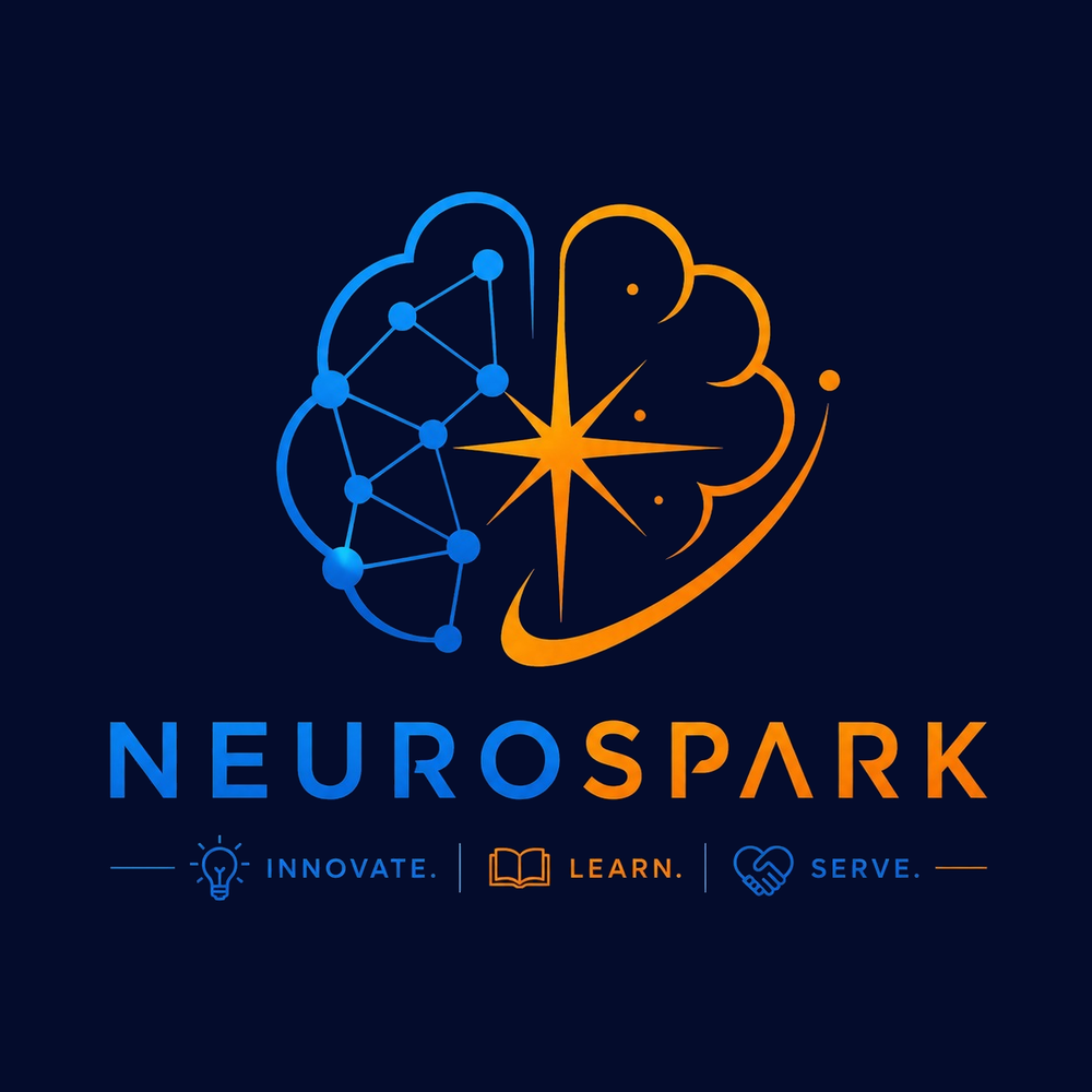 The NeuroSpark logo: a brain built from connected nodes with a spark, above the word NeuroSpark and the tagline Innovate. Learn. Serve.
